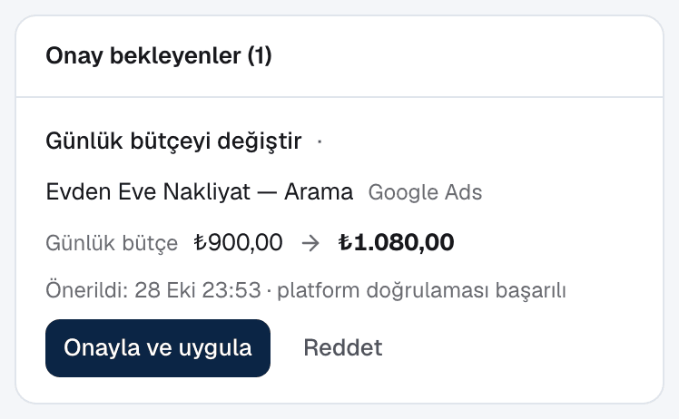 Onay bekleyen değişiklik: günlük bütçe 900 liradan 1.080 liraya, platform doğrulaması başarılı, Onayla ve uygula