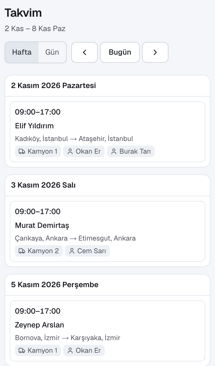 Haftalık takvim: işler, saatleri, güzergâhları, araçları ve ekip üyeleriyle