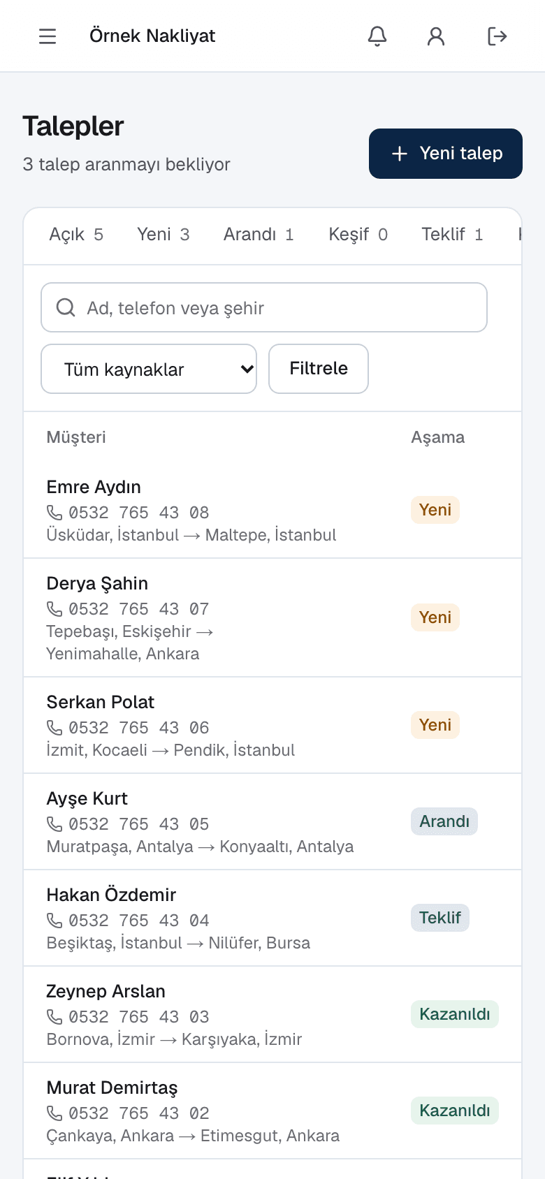 Talep listesi: müşteri, güzergâh, taşıma tarihi, kaynak (Google Ads, Meta Ads, WhatsApp, telefon) ve aşama (yeni, arandı, teklif, kazanıldı)