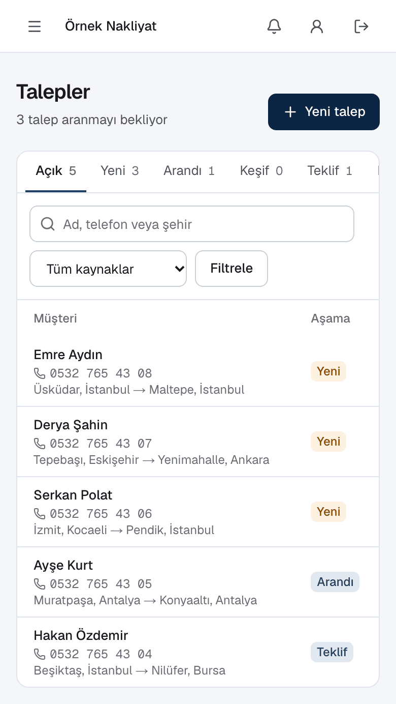 Talep listesi, telefon görünümü