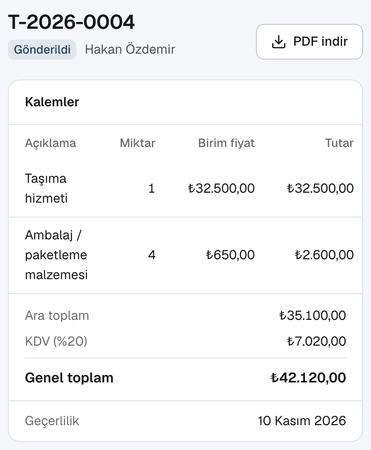 Teklif ekranı: teklif numarası, durum, kalemler, KDV ve genel toplam